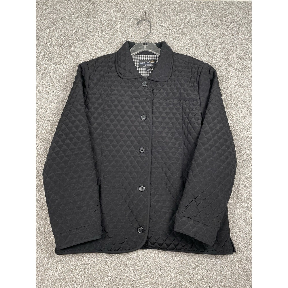 Nordic Lights Quilted Jacket Black Button Front Casual Vintage Barn Womens Sz L